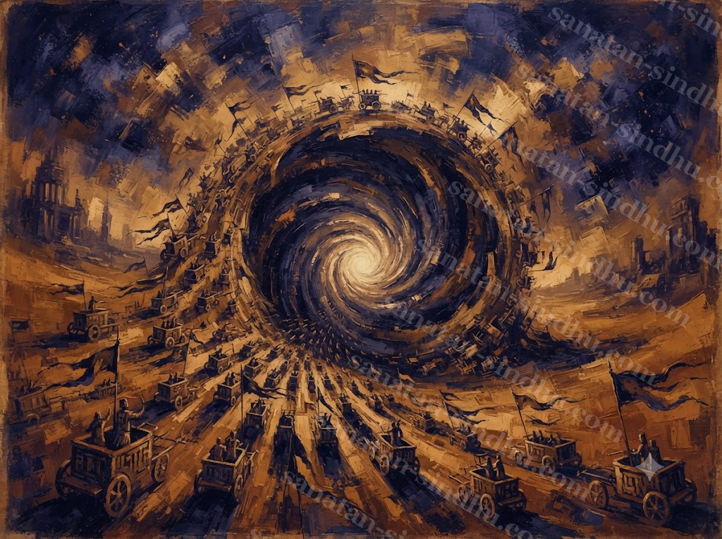 An abstract rendering of Time as a vast dark mouth of light drawing in ranks of chariots and banners, painted in ochre and indigo.