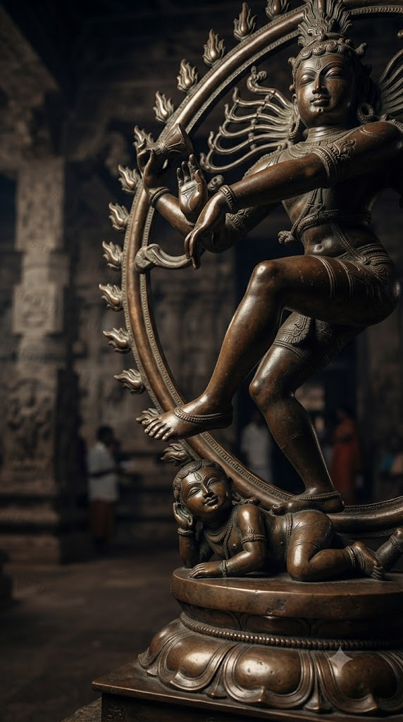 Close-up dramatic studio-lit shot of an 11th-century Chola-dynasty copper-bronze Naṭarāja — rich metallic patina, subtle lost-wax imperfections, focus on the right foot pressing on the small dwarf Apasmāra who looks up with peaceful submission, moody granite temple sanctuary in the background.