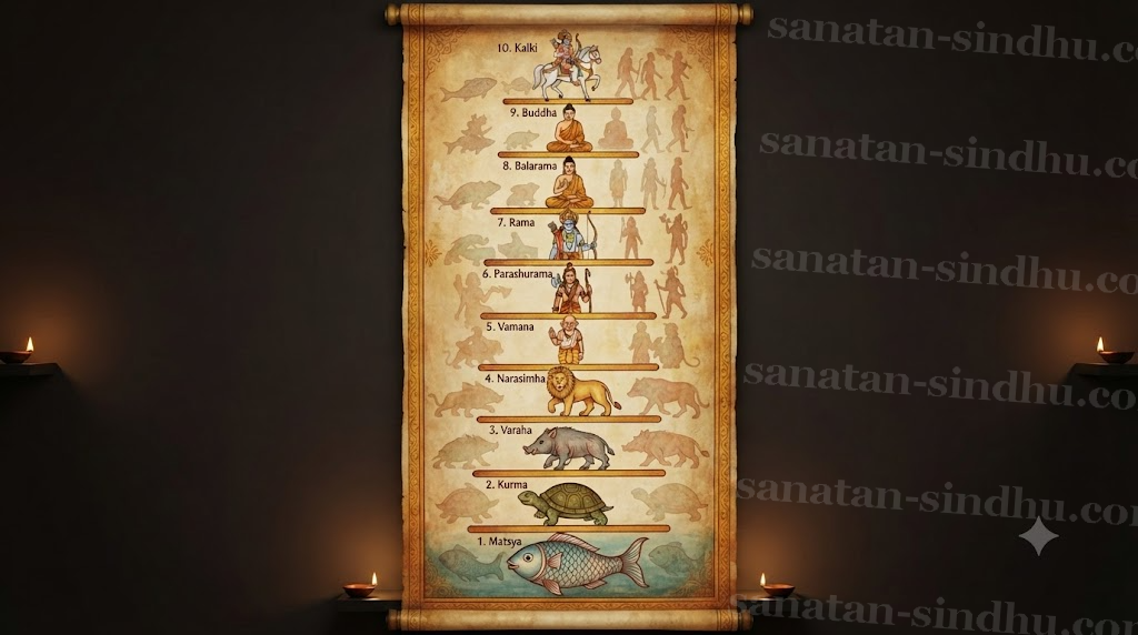 A vertical painted scroll showing the ten avatāras rising like rungs of a ladder — fish, tortoise, boar, man-lion, dwarf, tribal warrior, ideal king, philosopher, meditator, mounted rider — with faint outlines of aquatic, amphibian, mammalian and hominid silhouettes echoing each avatāra.