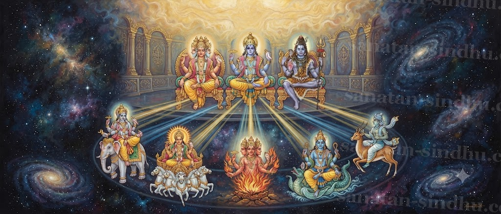Sweeping cosmic painting: at the very top, a formless golden radiance; below it, Brahmā, Viṣṇu and Śiva seated as the Trimūrti; below them, a circle of Vedic devas — Indra with vajra, Sūrya on his chariot, Agni with flame-tongues, Varuṇa with noose, Vāyu on antelope — with rays connecting all three tiers.