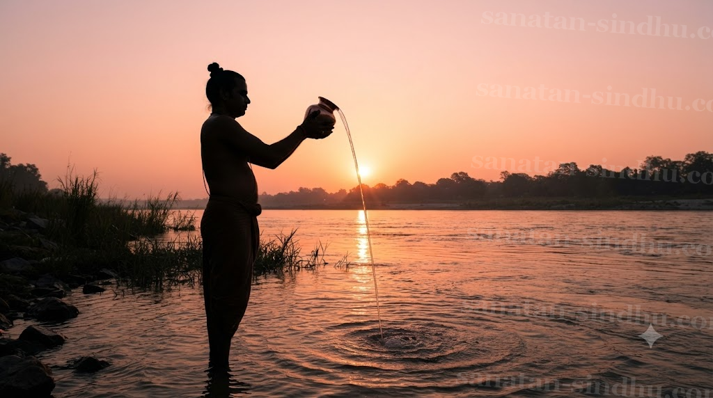 Silhouette of a devotee at a riverbank at sunrise, pouring a thin stream of water from a copper vessel toward the rising sun with joined palms.