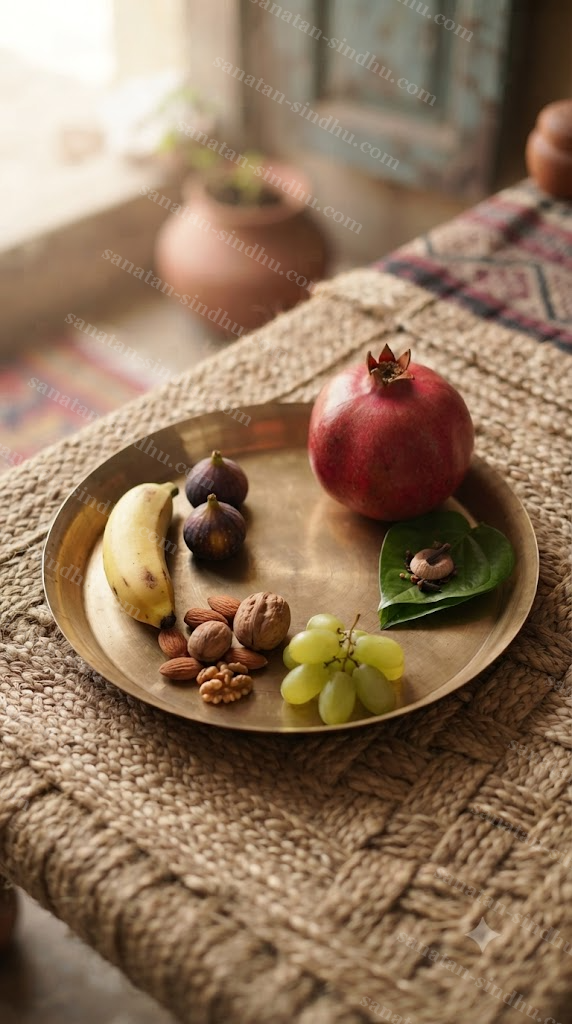 A brass thali with no grain on it, only fruit, nuts and a folded betel leaf, resting on a woven mat in soft midday light.