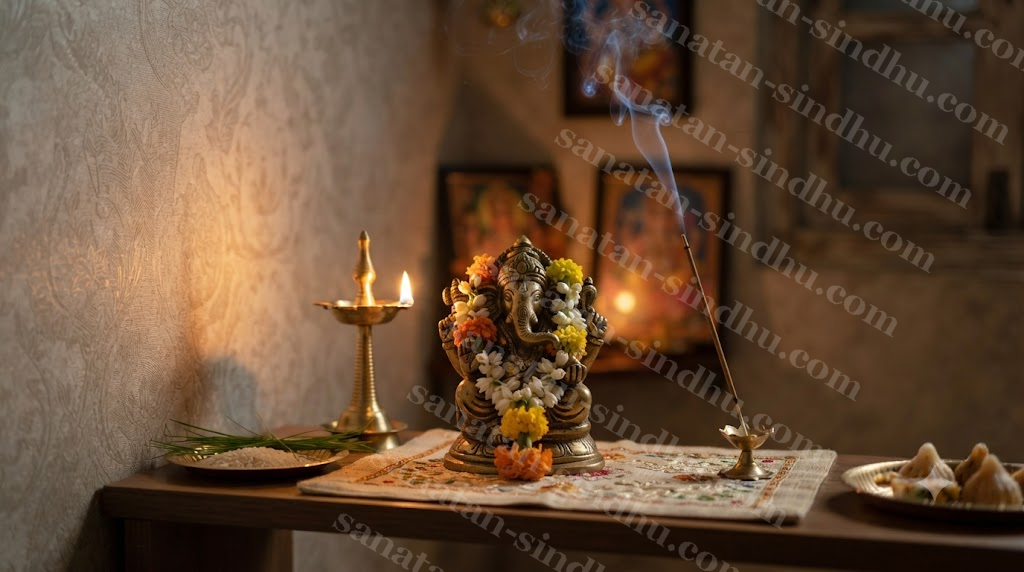 A small brass Ganesha idol on a home altar, a single stick of incense smoking gently beside it, soft evening lamp light.