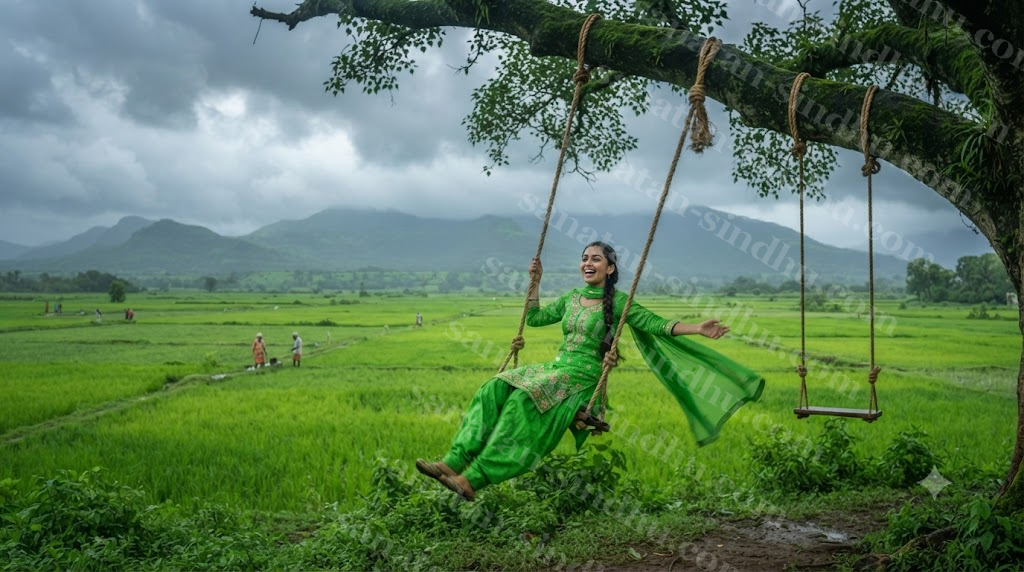 Women in bright green traditional dress swinging on a rope jhula hung from a large tree branch, monsoon-green fields and a grey rain-cloud sky behind them.