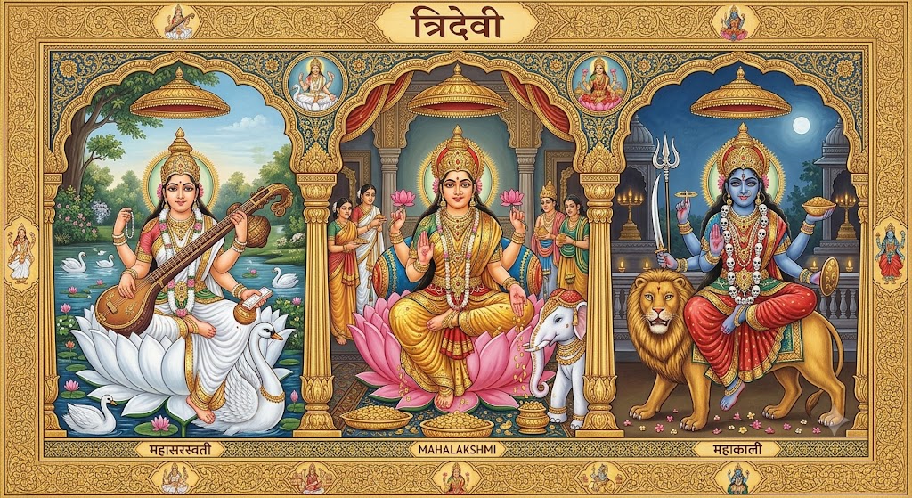 Tridevī — Mahāsarasvatī with the vīṇā and swan, Mahālakṣmī seated on the lotus with the elephants, and Mahākālī astride the lion — the threefold Śakti corresponding to Brahmā, Viṣṇu and Śiva.