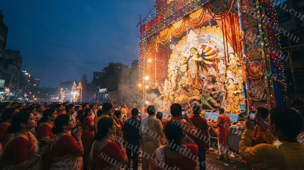 A Bengali Durgā Pūjā paṇḍal at dusk, the clay mūrti of Durgā slaying Mahiṣāsura lit by strings of festival lights, devotees gathered in the foreground.