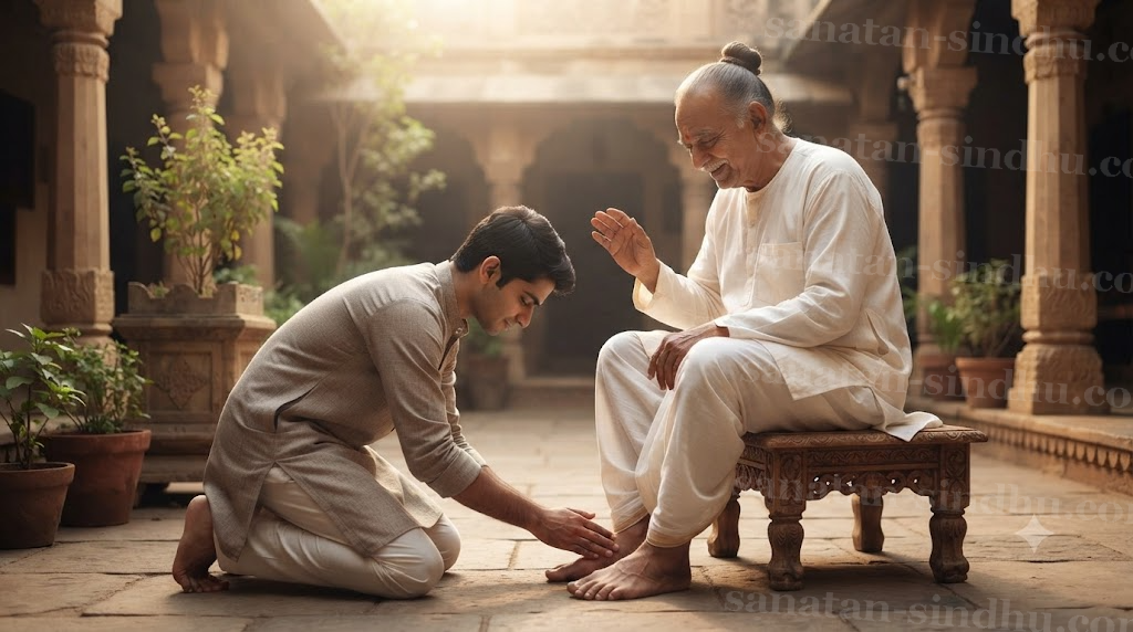 A younger person's hand reaching down to touch the feet of an elder seated on a low wooden stool, soft natural light in a quiet home courtyard.