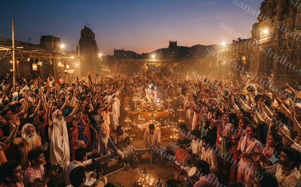 A crowd of kīrtan singers with raised arms and karatālas at dusk, dust and lamplight in the air, faces lifted in spontaneous song.