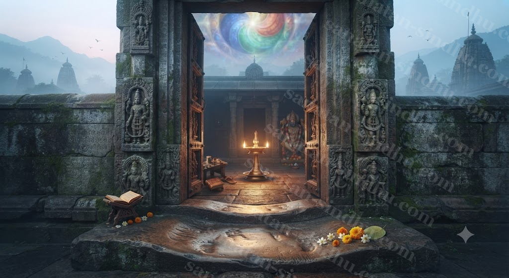 An open temple doorway at dawn with no gate and no guard, a threshold worn smooth by many feet.