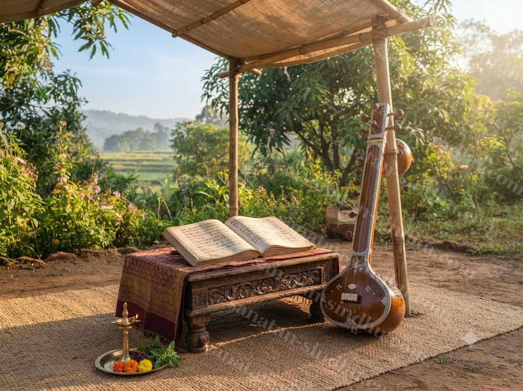 An open volume on a draped low stand beneath a canopy, a tānpūrā resting beside it, morning light and no figure depicted.