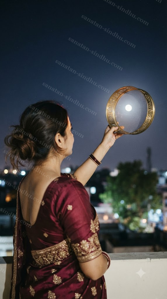 A woman viewing the moon through a decorative metal sieve held at arm's length against a dark night sky, seen from behind her shoulder, soft moonlight.