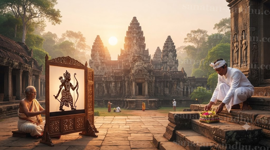 A single wide composition split by soft light: on the left, a Javanese shadow-puppet Rāma silhouetted on a lit screen; in the centre, the sandstone towers of Angkor Wat at sunrise; on the right, a Balinese priest setting a woven canang sari offering on a temple step.