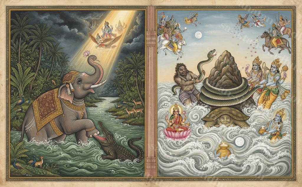 Two panels joined at the centre: on the left Gajendra the elephant-king, one leg gripped by a crocodile, trunk raised in surrender toward a shaft of light; on the right the Devas and Asuras together heaving Mount Mandara toward a milky ocean.