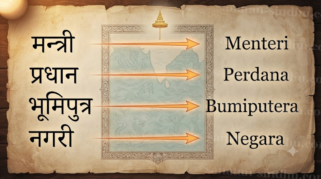 An elegant editorial typographic chart on parchment: Devanāgarī words मन्त्री, प्रधान, भूमिपुत्र and नगरी on the left, arrows in saffron crossing a stylised sea, and their modern forms Menteri, Perdana, Bumiputera and Negara on the right in clean Latin type.
