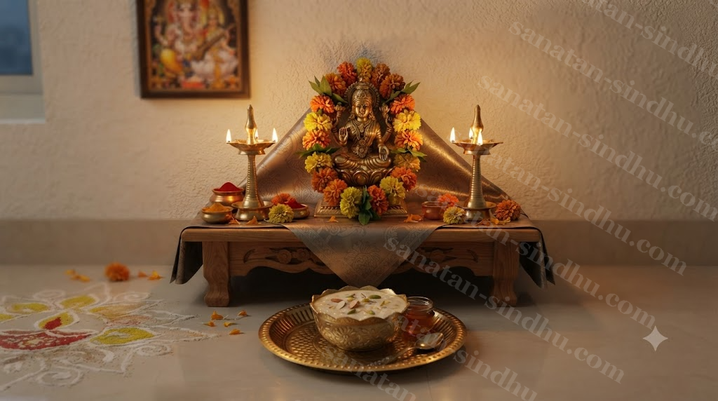 A Friday-evening home altar scene: a small brass Lakṣmī mūrti lit by two diyas, a fresh marigold garland, and a plate of kheer offered before it, faint rangolī visible on the floor.