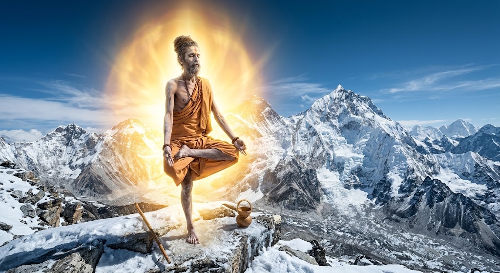 An ascetic seated in fierce penance on a snowbound Himalayan ridge, blazing with golden light against the high peaks.