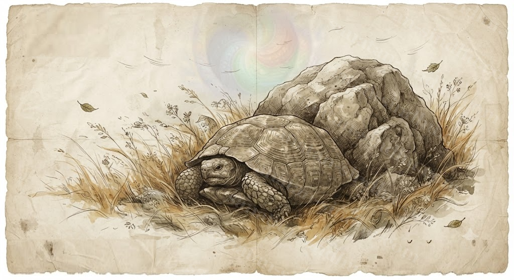 A tortoise drawing its limbs in beside a solid rock in wind-blown grass, rendered as a quiet parchment study.