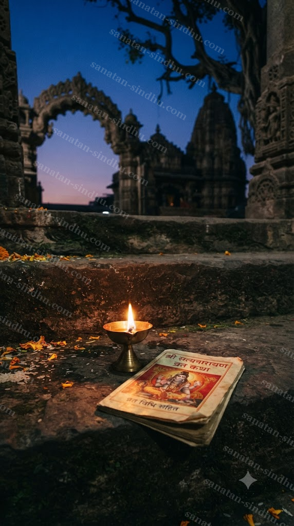 A single small oil lamp and a folded vrata-katha pamphlet resting on a stone temple step at dusk, the last blue light of twilight behind.