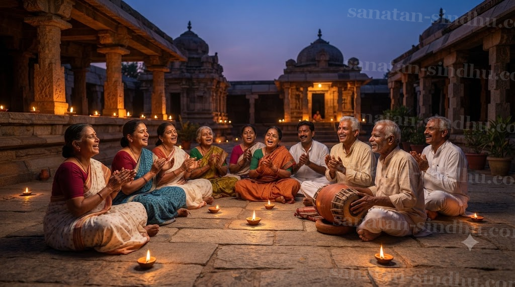 A small circle of devotees seated on a temple courtyard floor at dusk, singing with hands mid-clap, one playing a hand-drum, oil lamps lit around them.