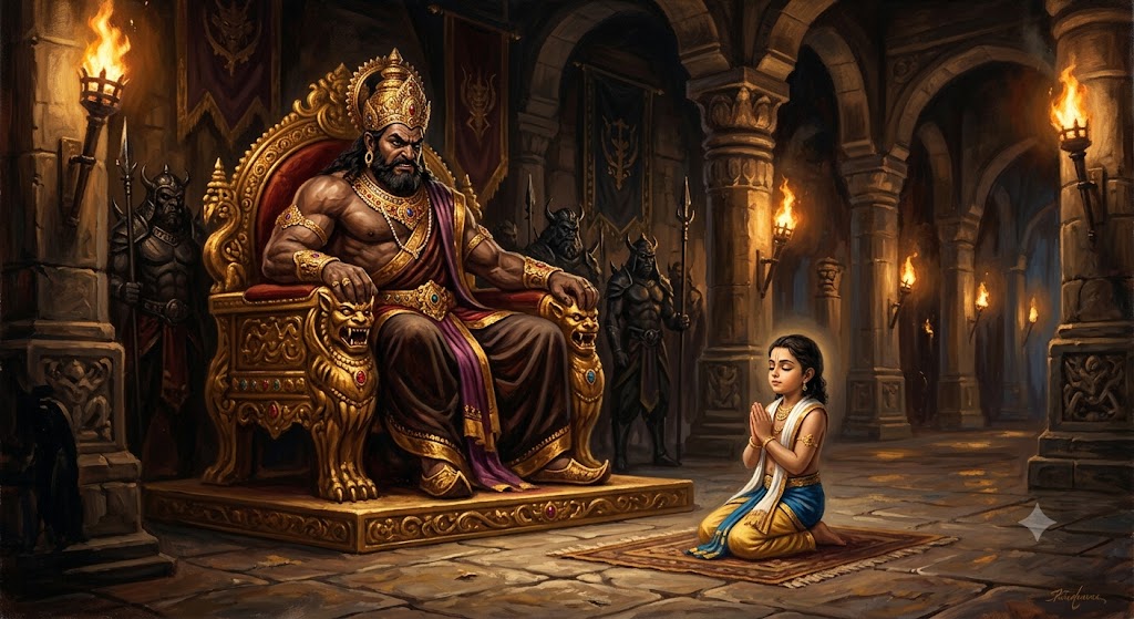 The crowned demon-king Hiraṇyakaśipu on his golden throne in a torch-lit hall, with the child prince Prahlāda kneeling before him with palms folded in namaskāra.