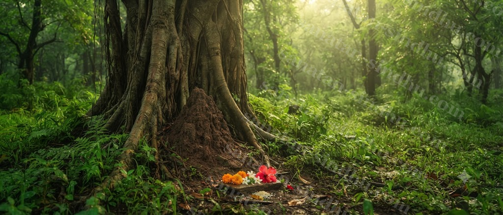 An anthill at the base of a large tree in monsoon greenery, softly lit by early morning light, a few offered flowers nearby.