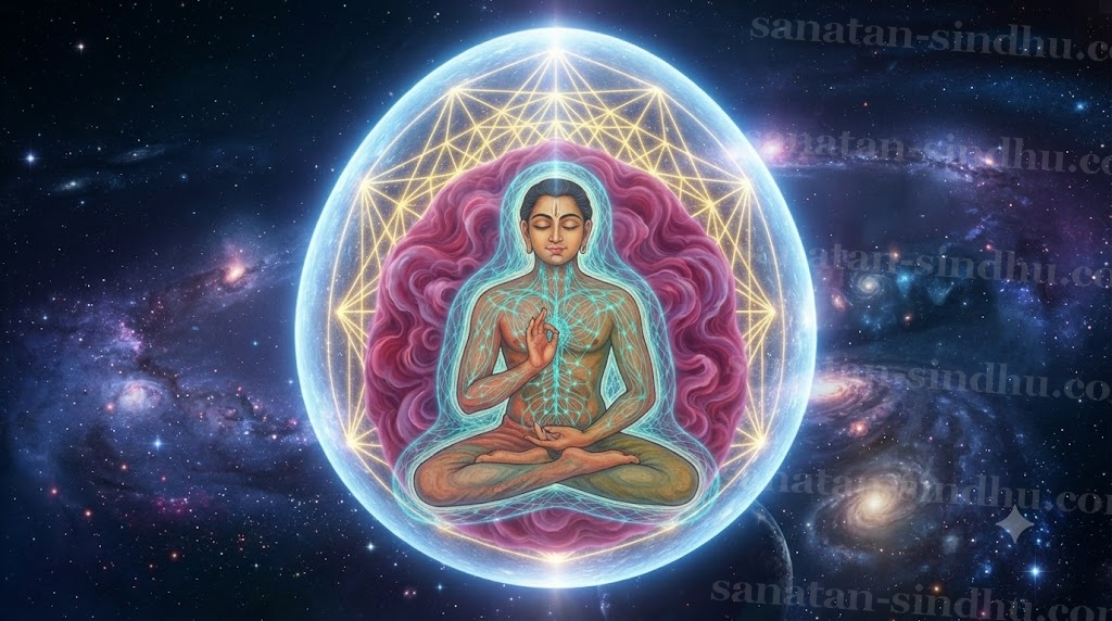Anatomical-spiritual illustration of a yogi in lotus posture displaying five concentric sheaths — muted earth-tone physical body, vibrant cyan nāḍi network, deep-magenta emotional cloud, golden crystalline sacred-geometry lattice, and a radiant white-blue causal egg, set against a starry cosmic backdrop.
